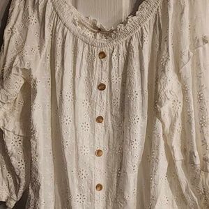 Plus size white peasant 3/4  eyelet top